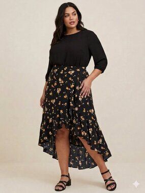 Torrid | Black Floral Print Challis Hi Low Ruffle Tier Maxi Skirt Whimsigoth 1X